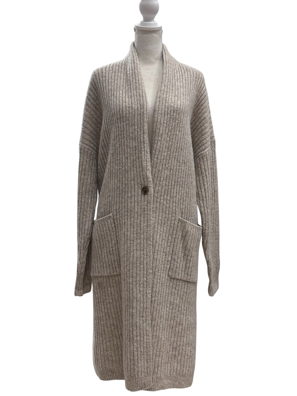 Uniqlo Women's Ribbed Longline Cardigan Sweater Oatmeal Beige Duster Size Medium
